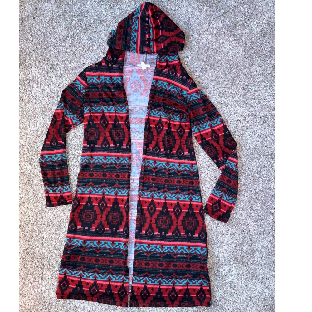 EMBER Hooded Open Front Long Cardigan Sweater Tribal Print Womens M Southwestern